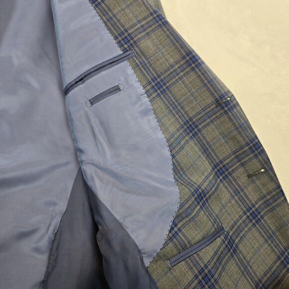 Enzo Tovare Blazer Mens 46R Gray Blue Windowpane Plaid 2 Button Sport Coat Wool - Picture 13 of 16